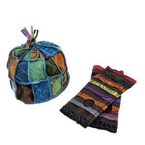 Handmade Patchwork Hobo Beanie Hat Arm Warmer Set Nepal Boho Retro Hippie Grunge